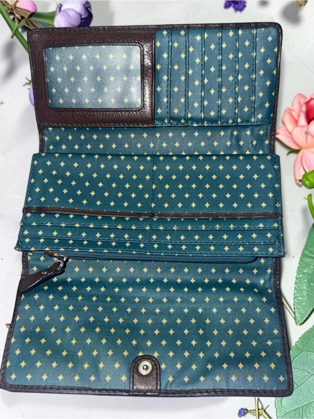 FOSSIL FLORAL PRINT BROWN CLUTCH WALLET ZIP POCKET MULTICOLOR